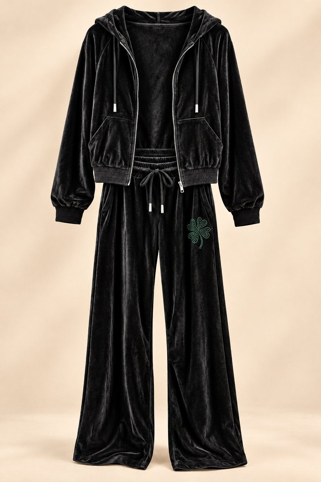 Lucky velvet two-piece tracksuit set in black, front view