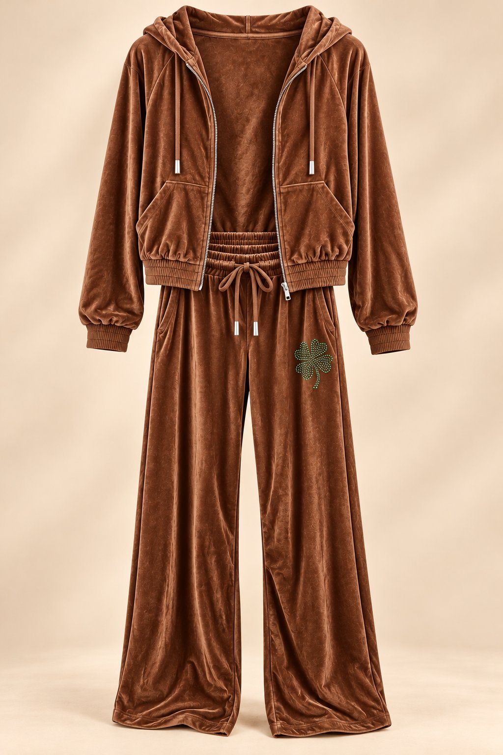 Lucky velvet two-piece tracksuit set in espresso, front view