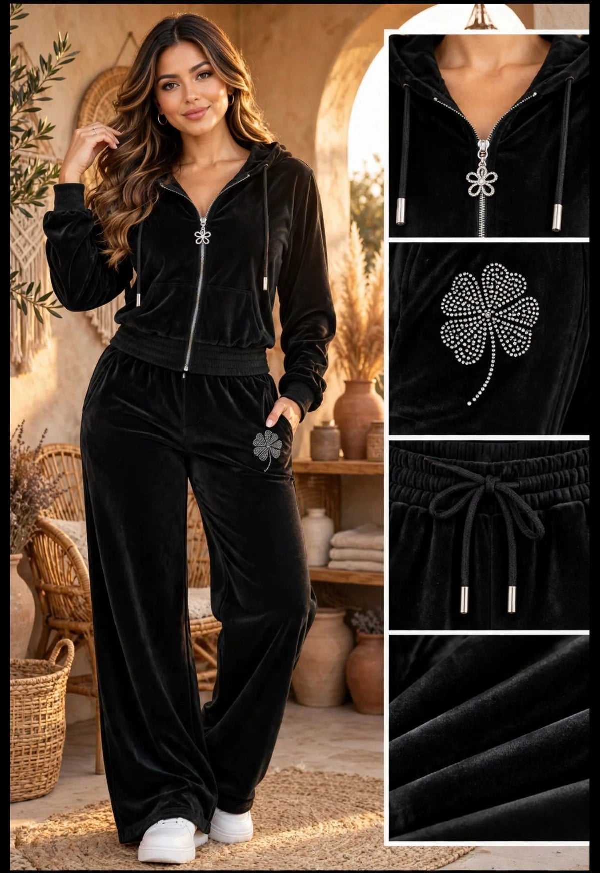 Black velvet tracksuit styled in a golden-hour boutique setting
