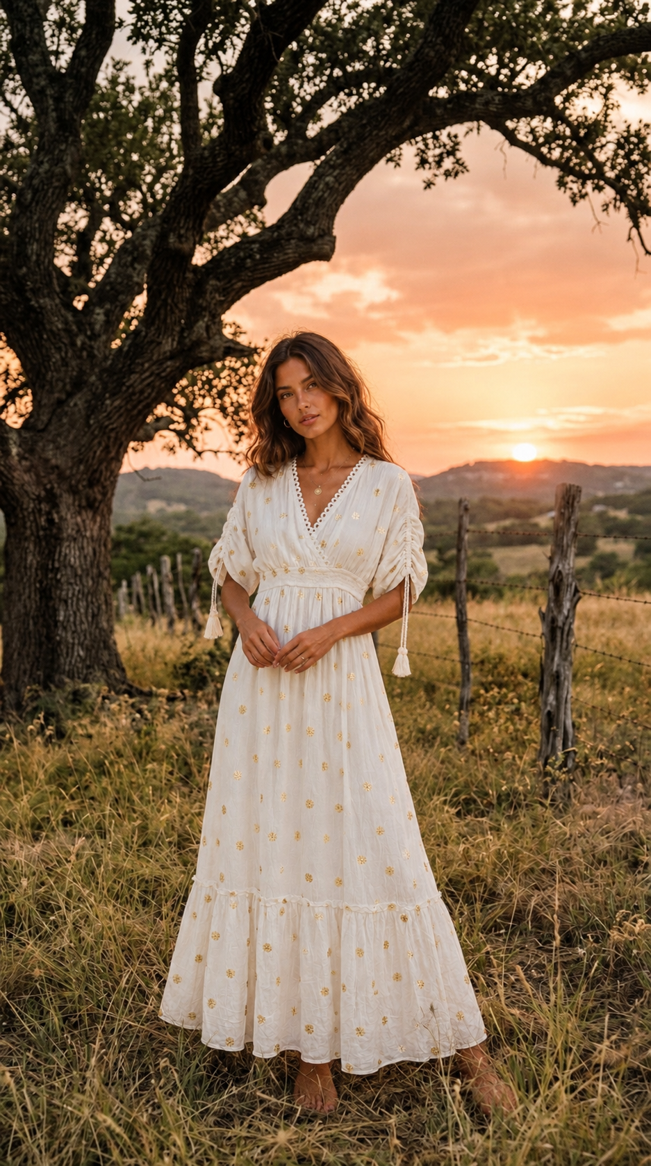 White Boho Maxi Dress with Floral Embroidery | V-Neck Tiered Dress