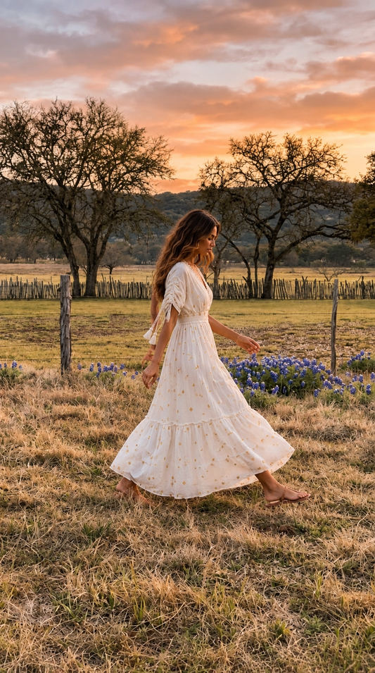 White Boho Maxi Dress with Floral Embroidery | V-Neck Tiered Dress