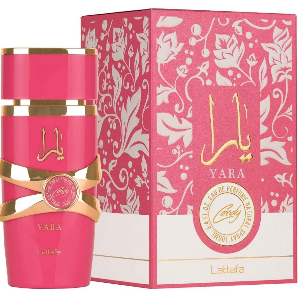 Lattafa Yara Candy 100ml perfume bottle and box